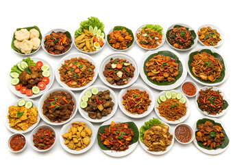 Fototapeta premium Large Eid feast with traditional dishes rendang, opor ayam, and sambal goreng on a white background