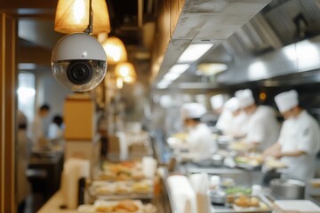 Busy restaurant kitchen buzzing with activity as chefs skillfully prepare dishes in a bright, inviting atmosphere. Generative AI