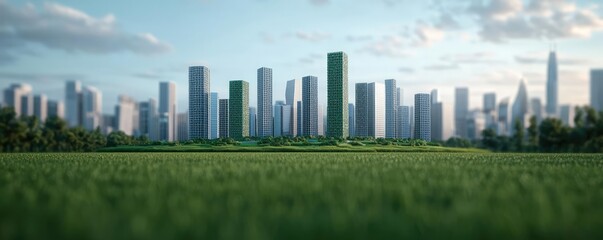 Plastic pollution concept. A modern skyline with green spaces blending nature and urban life.