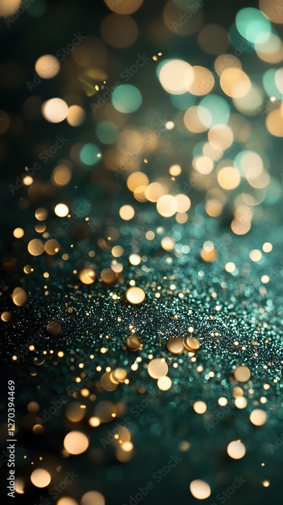 Poster abstract festive background with golden and teal bokeh lights sparkling on a dark surface