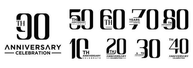 collection of 10th to 90th anniversary logo designs with black numbers on white background