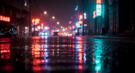 Obraz premium Rainy Night Cityscape Neon Lights Wet Asphalt Reflections