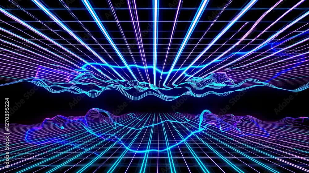 Poster futuristic video concept with neon grid lines and waves, creating a retro 80s vibe. low-angle view e