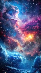 Vibrant Cosmic Cloudscape with Brilliant Stars and Nebulae in Deep Space Exploration