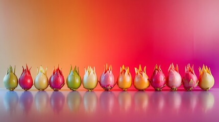 Vibrant row of dragon fruits on colorful background.