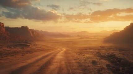 Scenic Landscape with a Dirt Road Leading into Mountainous Terrain at Sunset, Capturing Nature's Beauty, Celebrating Earth Day