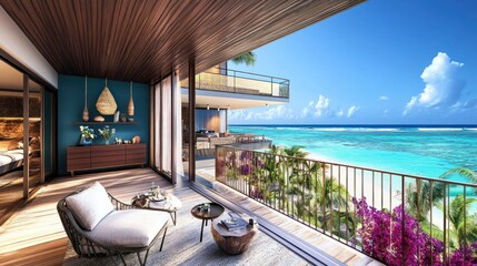 Fototapeta premium Oceanfront balcony luxury condo rendering, tropical beach view