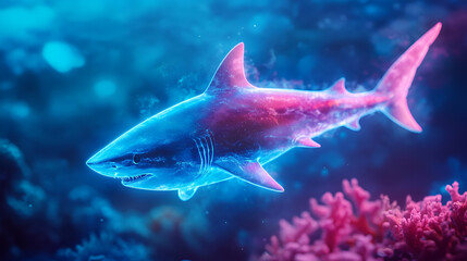 Obraz premium A stunning image of a shark swimming through vibrant coral reefs, showcasing underwater beauty and marine life.