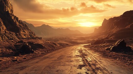 Scenic Landscape with a Dirt Road Leading into Mountainous Terrain at Sunset, Capturing Nature's Beauty, Celebrating Earth Day