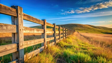 Fototapeta premium Rustic Wooden Fence Extending Across a Verdant Rolling Meadow Under a Vivid Sunset Sky