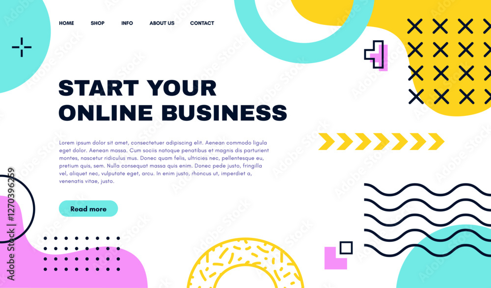 Poster Landing page with abstract Memphis shapes. modern website template with geometric figures. Vector business web banner for user friendly online experience, features official interface with menu bar
