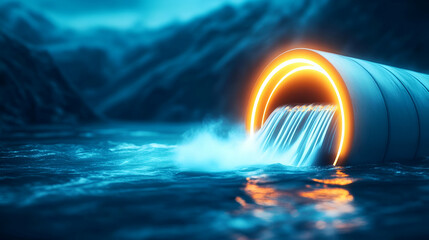 A vivid scene depicting pollution, with glowing waste flowing into a serene water body surrounded by mountains.