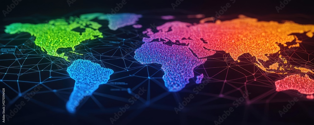 Poster plastic pollution idea. colorful digital world map with interconnected lines and dots illustrating g