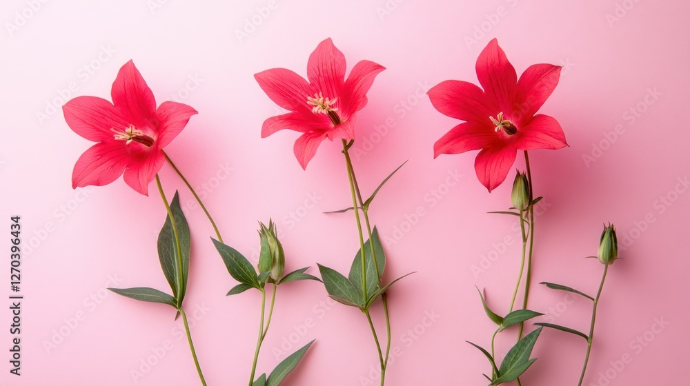 Sticker Pink background, three red flowers, buds, flat lay, floral design