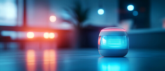 Fototapeta premium Close-up view of a modern smart device with glowing blue light in a stylish interior setting.