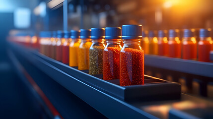 Colorful spice bottles lined up in a vibrant production facility, showcasing the essence of flavor and culinary art.