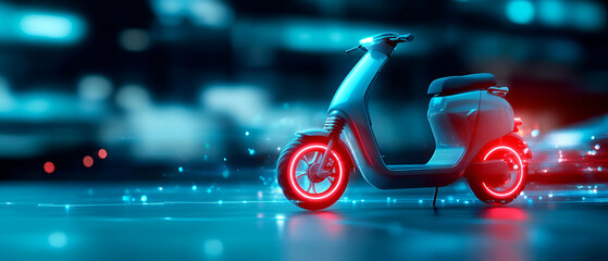 Futuristic electric scooter on city street at night, illuminated wheels and vibrant urban backdrop.