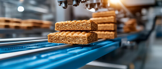 Precision dessert production on a modern conveyor belt in an industrial bakery setting.
