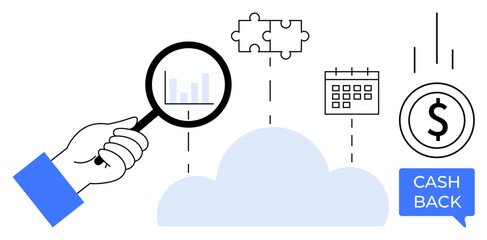 Hand holding magnifying glass over bar graph, cloud connecting puzzle pieces, calendar, money icon, cashback bubble. Ideal for business analysis, finance, time management, strategic planning