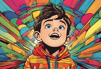 A joyful young boy with a big smile, wearing a colorful hoodie, stands against a vibrant, abstract background filled with bright colors and shapes, conveying a sense of wonder and excitement.