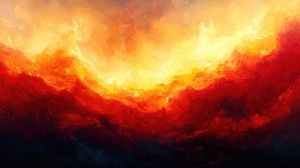 Fiery Abstract Landscape Painting Red Orange Yellow Sunset Hues Impasto Texture Art