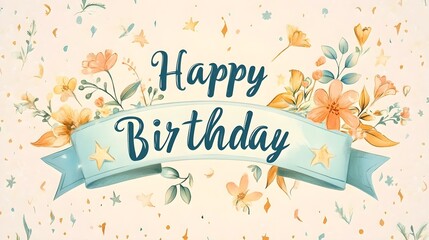 A soft pastel-colored banner with "Happy Birthday" in cursive script.
