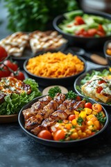 Fototapeta premium Delicious Grilled Skewers with Colorful Salad and Various Dishes on Dark Tabletop