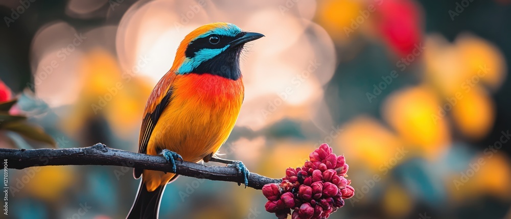 Poster vibrant bird perched on branch in lush tropical setting displaying colorful plumage