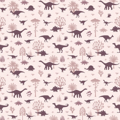 Prehistoric dinosaur seamless pattern with dino animal species, plants and vegetation silhouettes. Vector tile background with repetitive motif for for children textile, wallpaper or wrapping paper