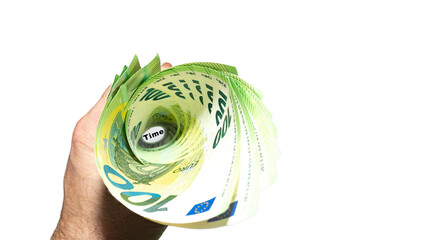 Rolled-up 100 euri banknotes forming a spiral, with the word 
