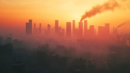 Fototapeta premium Urban Landscape Shrouded in Smog at Sunset, Highlighting Air Pollution, Celebrating Earth Day
