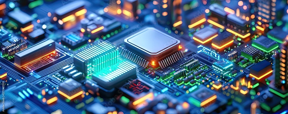 Poster plastic pollution concept. close-up view of a modern computer circuit board with vibrant colors and 