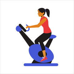 girl on a stationary bicycle, demonstrating a steady cycling motion with proper posture and controlled pedaling. The animation highlights lower body endurance, cardiovascular training