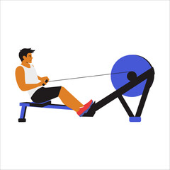 man doing a Seated Cable Row Workout, demonstrating proper posture and movement. The animation highlights the back and arm muscles engaging as he pulls the cable handle towards his torso, 