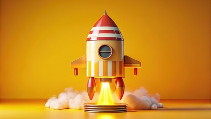 A whimsical cartoon rocket ship launching on a vibrant yellow background, representing a successful new venture or ambitious project, with stylized smoke trails and a glowing launchpad.