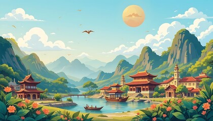 Obraz premium Serene Asian Village Landscape: Picturesque River, Traditional Architecture, Lush Mountains, and Calm Atmosphere