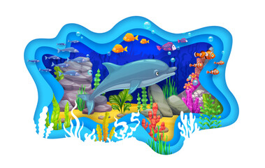 Paper cut banner with funny dolphin and underwater sea landscape. Cartoon vector wavy frame with 3d layered papercut effect. Mesmerizing sea bottom with seaweeds and marine animals on the ocean depth