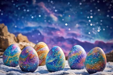 Pastel rainbow gradient with whimsically painted abstract pattern Easter eggs.