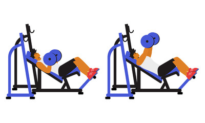 man performing an inclined bench press, a variation of the traditional bench press that targets the upper chest and shoulders. The character lies on an inclined bench, gripping a barbell or dumbbells 