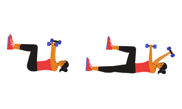 girl doing Dumbbell Dead Bug Exercise, demonstrating core engagement and stability. The animation showcases her lying on her back, holding dumbbells while moving opposite arms and legs in a synchroniz