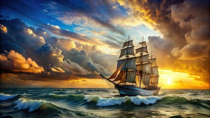 Obraz premium A majestic ocean liner battles dramatic waves, its sails full in an epic seascape.