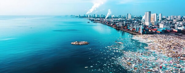 Plastic pollution idea. Aerial view of a coastal city suffering from pollution and waste accumulation.