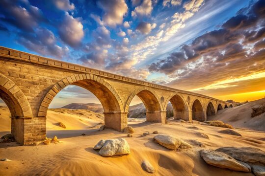 Ancient stone arch bridge in a desert landscape at sunset, bathed in golden light, with rolling sand dunes and dramatic clouds