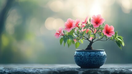 Serene Hibiscus Bonsai Tree in Blue Pot on Stone Surface with Soft Bokeh Background Scene