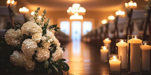 Elegant White Floral Arrangement and Glowing Candles in a Wedding Aisle