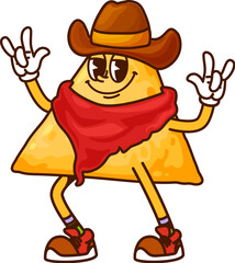 American cowboy Mexican corn nacho chip cartoon cheerful character. Western outlaw fastfood nacho chip funny mascot, Wild West Mexican snack groovy vector character wearing cowboy hat and bandana