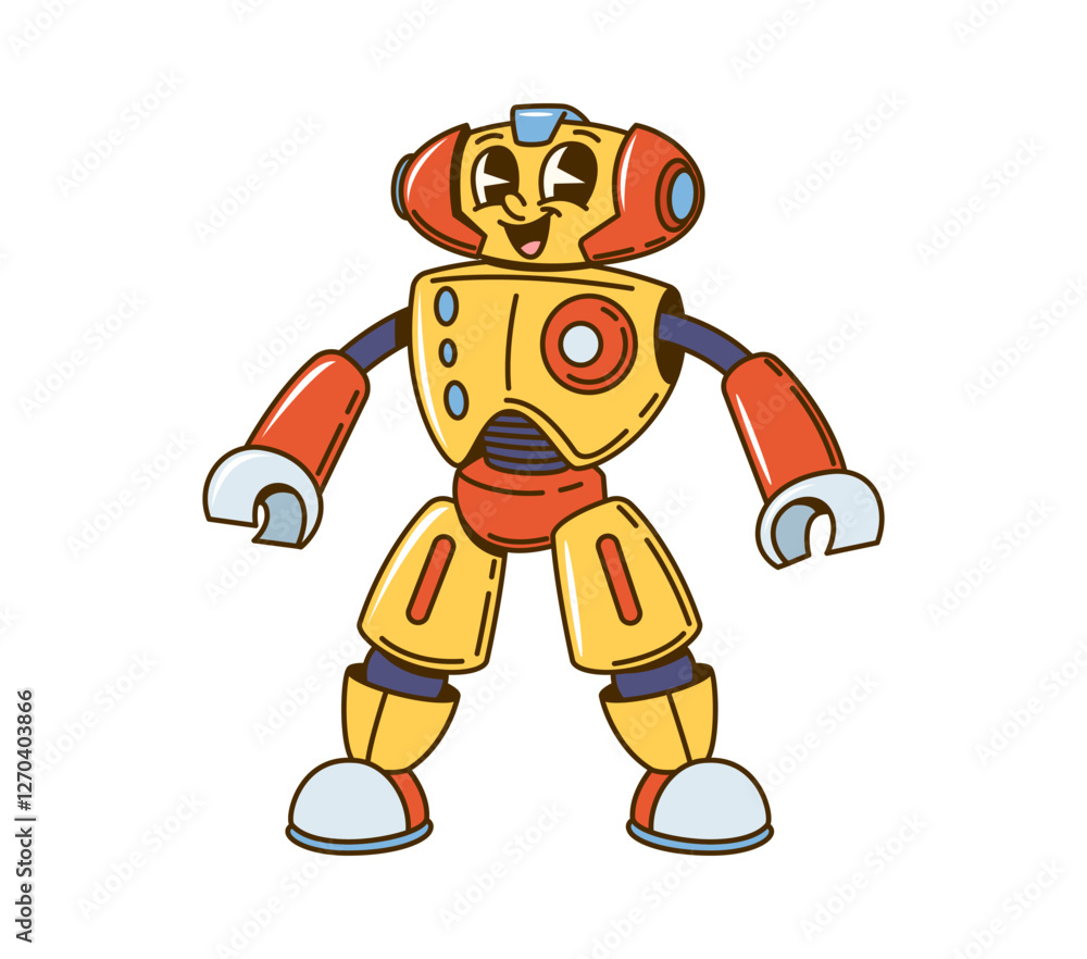 Poster groovy cartoon retro robot character with funny smile on face, vector comic personage. groovy funky 
