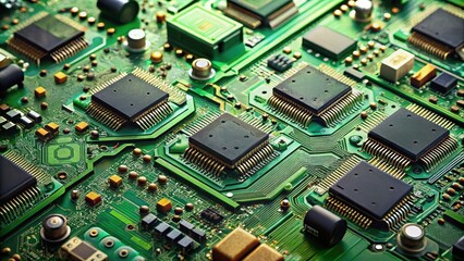 Close-up Detailed View of a Complex Electronic Circuit Board Featuring Integrated Circuits and Microchips