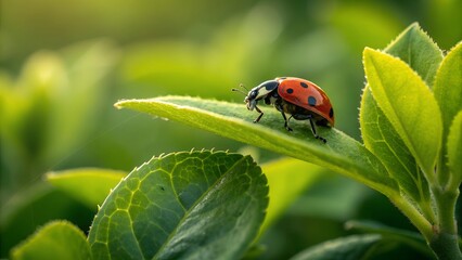 Fototapeta premium Ladybug on Green Leaves: A captivating close-up of a ladybug, resplendent in its iconic red and black patterned shell, delicately perched upon the vibrant green leaf.