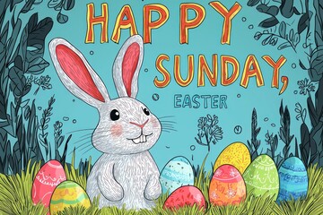 Cartoon bunny and colorful eggs in a HAPPY EASTER SUNDAY vector, ideal for a children's coloring book.